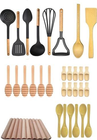 Homerest 31 Adet Ahşap Kaşık Spatula Kevgir Nihale Bal Kaşığı Baharat Kaşığı Tahta Kaşık Seti