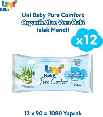 Uni Baby Pure Comfort Organik Aloe Vera Özlü 90 Yaprak 12'li Paket Islak Mendil