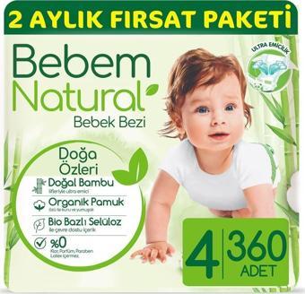 Bebem Natural Bebek Bezi 4 Beden Maxi Aylık Fırsat Paketi 360 Adet 90*4