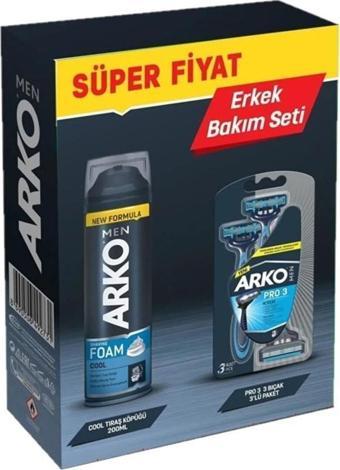 Arko Men T3 Pro 3 Bıçaklı Tıraş Bıçağı 3lü + Cool Tıraş Köpüğü 200ML Avantaj Paketi