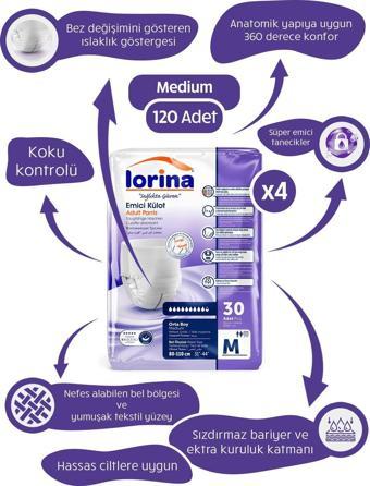 Lorina Yetişkin Emici Külot Medium 30'lu 4 Paket 120 Adet