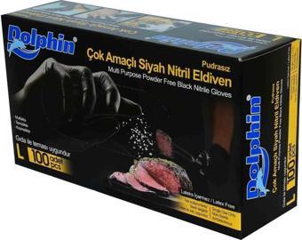 Dolphin Latexsiz Pudrasız Siyah Nitril Gıda Eldiveni (L) 100lü