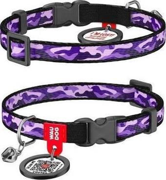 Waudog Collar QR Pasaportlu Kedi ve Ufak Irk Köpek Boyun Tasması 20-30 CM, 10 MM, L,  Purple Camo 