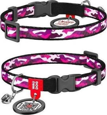 Waudog Collar QR Pasaportlu Kedi ve Ufak Irk Köpek Boyun Tasması 20-30 CM, 10 MM, L, Pink Camo 