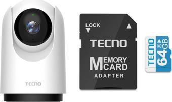 Tecno TH300 3MP 2K Ultra HD 360° Kablosuz Wifi Güvenlik Kamerası + Tecno 64 GB 100Mb/s Micro Sd Hafıza Kartı ve Adaptörü