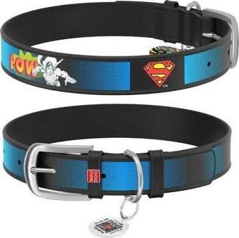 Waudog Collar QR Pasaportlu Deri Köpek Boyun Tasması, Siyah, Superman2 Desenli, W 12 mm, L 18-24 cm