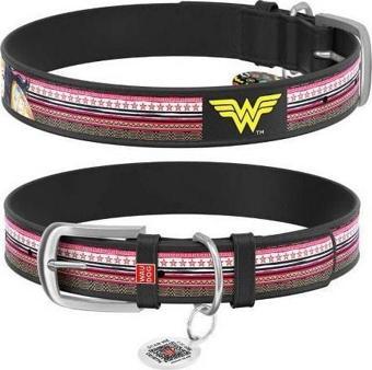 Waudog Collar QR Pasaportlu Deri Köpek Boyun Tasması, Siyah, Wonder Woman Desenli, W 12 mm, L 18-24 cm