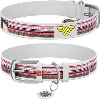 Waudog Collar QR Pasaportlu Deri Köpek Boyun Tasması, Beyaz, Wonder Woman Desenli, W 12 mm, L 18-24 cm