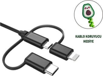 Awetron Apple Mfi Lisanslı Lightning + Type-C + Micro Usb 3'lü Hasır İp Kablo 1,5metre