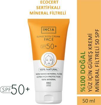 INCIA %100 Doğal Yüz Güneş Kremi Leke Karşıtı Mineral Filtreli Yüksek Koruma SPF50 UVA UVB 50 ml