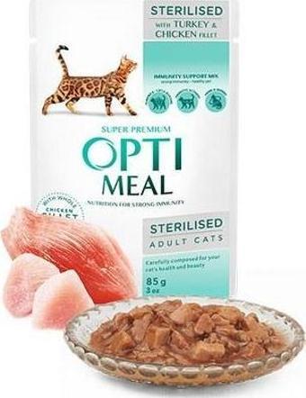 Optimeal Süper Premium Tavuk-Hindi Filetolu Sos İçerisinde Tahılsız Pouch Kısır Kedi Maması 85 gr