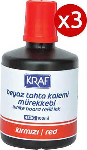 Kraf 3 Adet Beyaz Yazı Tahtası Mürekkebi 100Ml Kırmızı