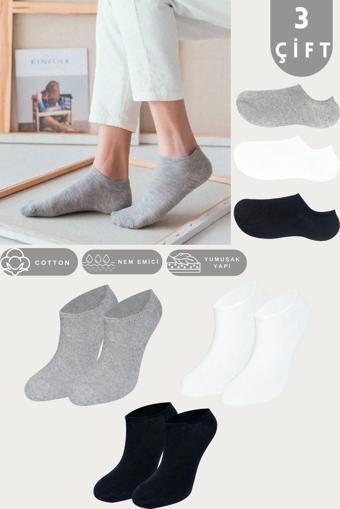 Kral Socks Kadın - Erkek - Unisex Düz Desen (3 Çift) Pamuklu Terletmez Yazlık Görünmez Çorap Seti