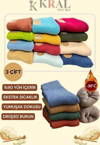 Kral Socks Thermo Özellikli 2X Korumalı (3 Çift) Kadın Termal Renkli Kışlık Yün Havlu Çorap