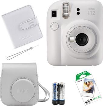 Instax Mini 12 Fotoğraf Makinesi+Askı+pil+Çanta+10’lu film+Albüm (beyaz)