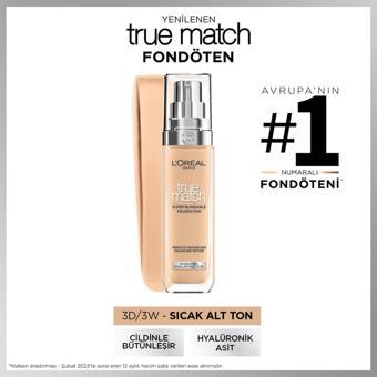 L'Oréal Paris True Match Bakım Yapan Fondöten - 3W Sıcak Alt Ton