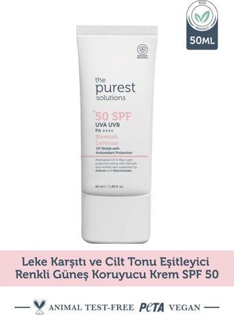 The Purest Solutions Leke Karşıtı ve Cilt Tonu Eşitleyici Renkli Güneş Koruyucu Krem SPF 50, 50 ml