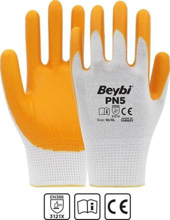 Beybi Nitril PMK PN5 Beyaz Sarı Örme Polyoster Nitril  9 Beden 12li Paket EN388 (3121X)