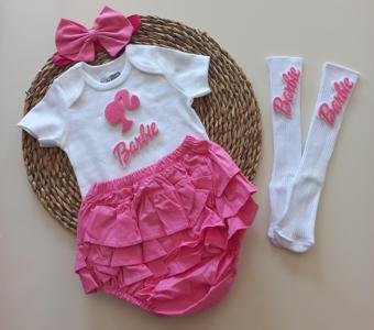 Kız Bebek Pembe Fuşya Barbie Fırfırşort Etek Bandana Çorap Takım