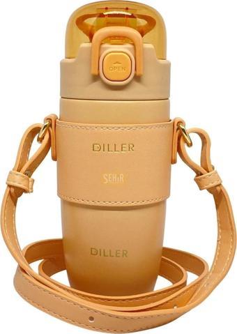 Diller 360ml Moda Deri Kılıflı Pipetli Askılı Pastel Renkli Paslanmaz Çelik Termos Matara