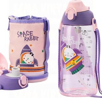 Uzspace Büyük Boy 700ml Kılıflı Askılı Pipetli/pipetsiz Iki Ayrı Kapaklı Tritan Çocuk Matarası