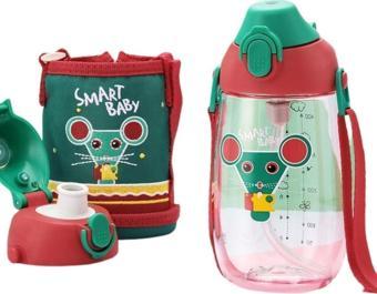 Uzspace Küçük Boy 480ml Kılıflı Askılı Pipetli/pipetsiz Iki Ayrı Kapaklı Tritan Çocuk Matarası