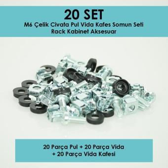 Rack Kabinet M6 Çelik Cıvata Pul Vida Kafes Somun Seti Çinko Kaplamalı 20li Set