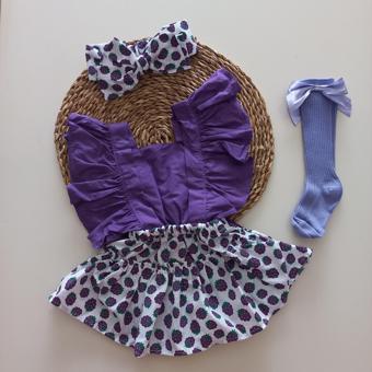 MARS BABY Kız Bebek Böğürtlen Desenli Fırfırlı Salopet Bandana Fiyonklu Lila Çorap Takımı