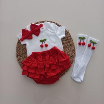 MARS BABY Kız Bebek Kırmızı Ponpon Kiraz Fırfır Şort Etek Bodyli Çorap Takımı