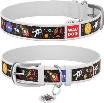 Waudog Collar QR Pasaportlu Köpek Boyun Tasması, Beyaz, 27-36 CM, Nasa Desenli