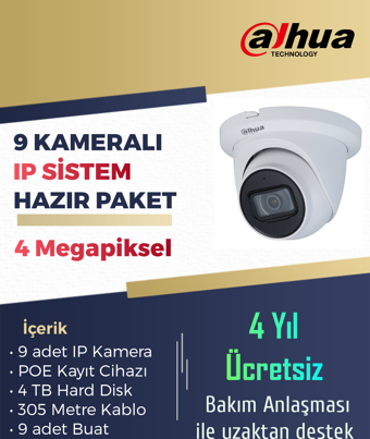 9 IP Kameralı 4 MP Starlight Kamera Paket Sistem - 9 Kameralı Dahua IP Set