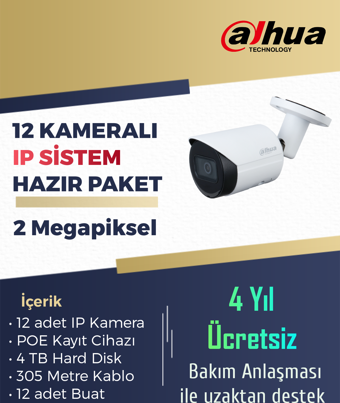 12 Kameralı 2 Megapiksel IP Kamera Sistemi Dahua Set –4 TB HDD Dahil Hazır Paket