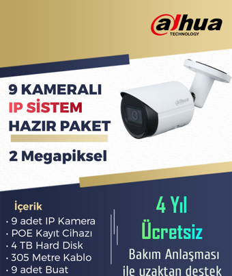 9 Kameralı Dahua 2 Megapiksel IP Dış Ortam Kamera Sistemi – Hard Disk Dahil Starlight