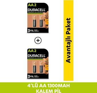 Duracell Şarj Edilebilir AA 1300mAh Piller, 2 Li Paket x2 (4 Adet)