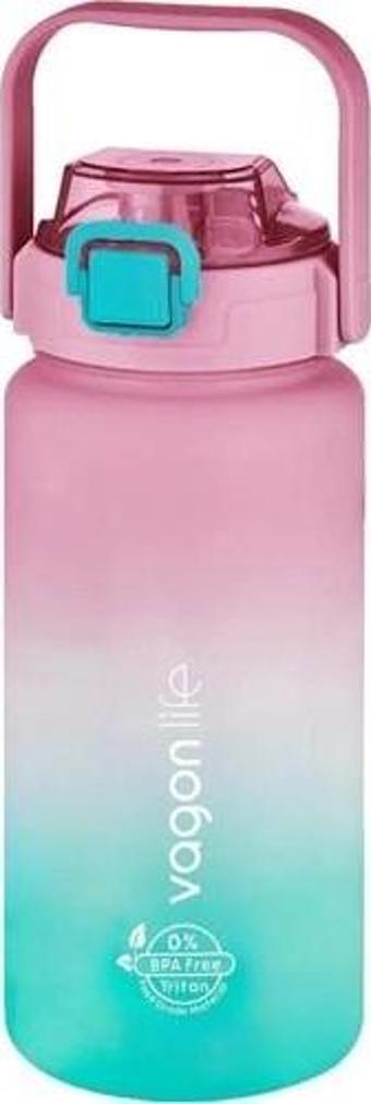 Vagonlife VGN2213-T Pembe-Turkuaz 1500 ml Pipetli/Pipetsiz Kullanım Çift Renk Softtouch Motivasyon Matarası