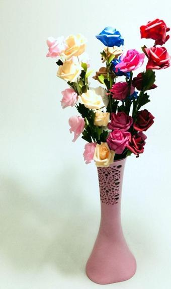 M3Decorium Uzun Saplı 5 Başlı 7 Renk Güllü 40Cm Desenli Pembe Vazo