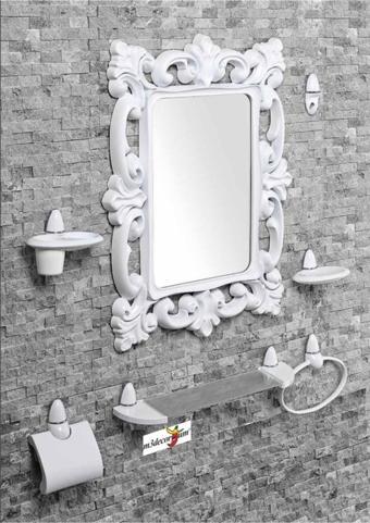 M3Decorium Büyük Dev 77 Cm Aynalı Çok Parçalı 7 Parça Beyaz Banyo Ayna Seti