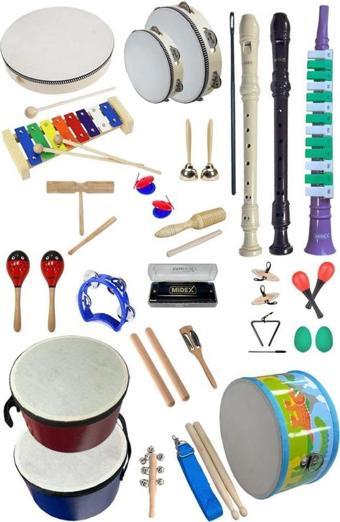 Midex Örf Aletleri Seti Overmuch Paket-1 Marakas Zil Üçgen Ksilofon Melodika Mızıka Davul Flüt (26 Parça)