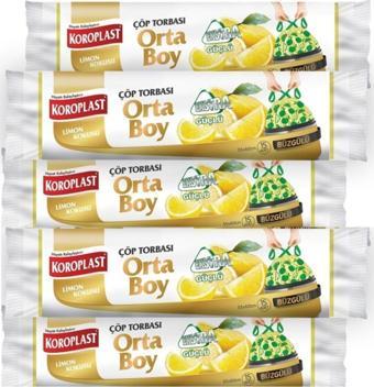 Koroplast Ekstra Güçlü Limon Büzgülü Orta Boy 15li Çöp Torbası X 5 Paket