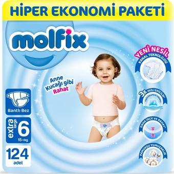 MOLFİX BANTLI BEBEK BEZİ 6 NUMARA X LARGE 15+ KG 124 ADET