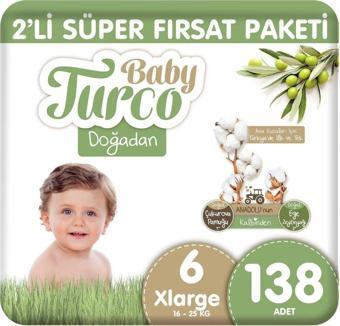 Baby Turco Doğadan 2'Li Süper Fırsat Paketi Bebek Bezi 6 Numara Xlarge 138 Adet