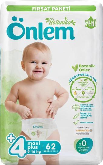 Önlem Botanika 4 Numara Maxi Plus Bebek Bezi Fırsat Paketi  62 Adet (9-16 kg)