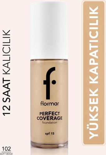 Flormar Perfect Coverage Yoğun Kapatıcı Su Bazlı Fondöten (Nötr Alt Ton) -102 Soft Beige -8682536058162