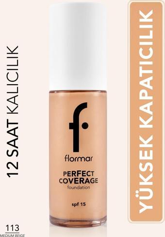 Flormar Perfect Coverage Yoğun Kapatıcı Su Bazlı Fondöten (Sıcak Alt Ton) -113 Medium Beige -8682536058308