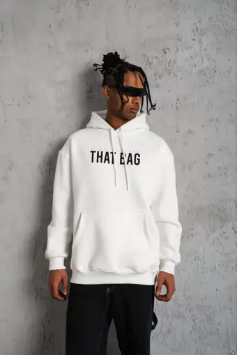 Kanguru Cep Baskılı Kapüşonlu Beyaz Sweatshirt - Premium Kalite 1. Sınıf