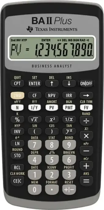 TEXAS INSTRUMENTS BA II Plus finansal hesap makinesi (tek satırlı, 10 haneli ekran, pille çalışır) siyah-gri