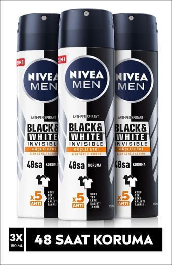 Nivea Men Black & White Invisible Güçlü Etki Erkek Sprey Deodorant 150 Ml X3 Adet,48 Saat Anti-Perspirant