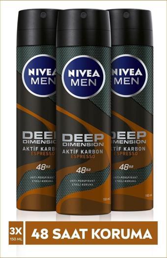 Nivea Men Erkek Deodorant Deep Dimension Espresso 150 Ml X3 Adet,48 Saat Anti-Perspirant Koruma