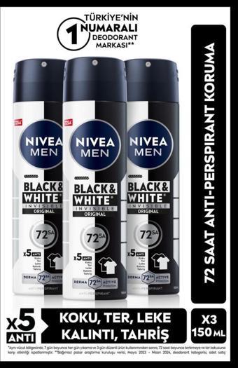 MEN Erkek Sprey Deodorant Black&White Invisible Original 150ml,72 Saat Anti-Perspirant,X3 Adet
