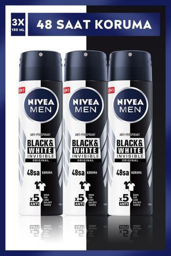 Nivea Men Erkek Sprey Deodorant Black & White Invisible Original 150Mlx3Adet,48 Saat Anti-Perspirant Koruma